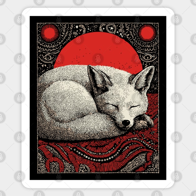 Sleeping Fox Spirit Animal Tarot Card | Witchy Nocturnal Familiar Sticker by TuncGK